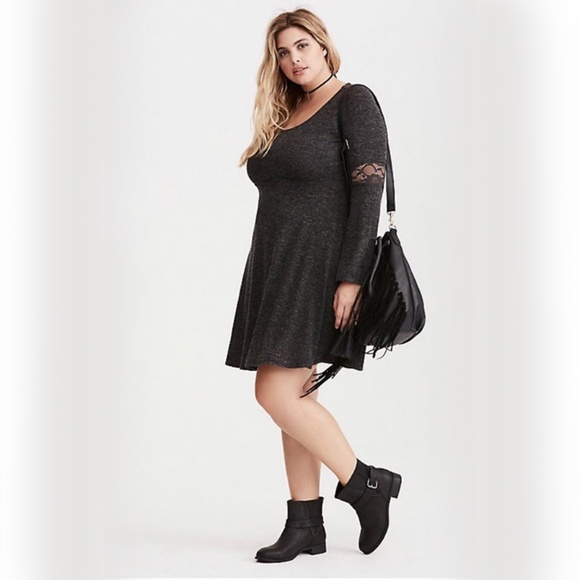 Torrid Lace Inset Hacci Knit Skater Dress in Charcoal - Picture 2 of 7
